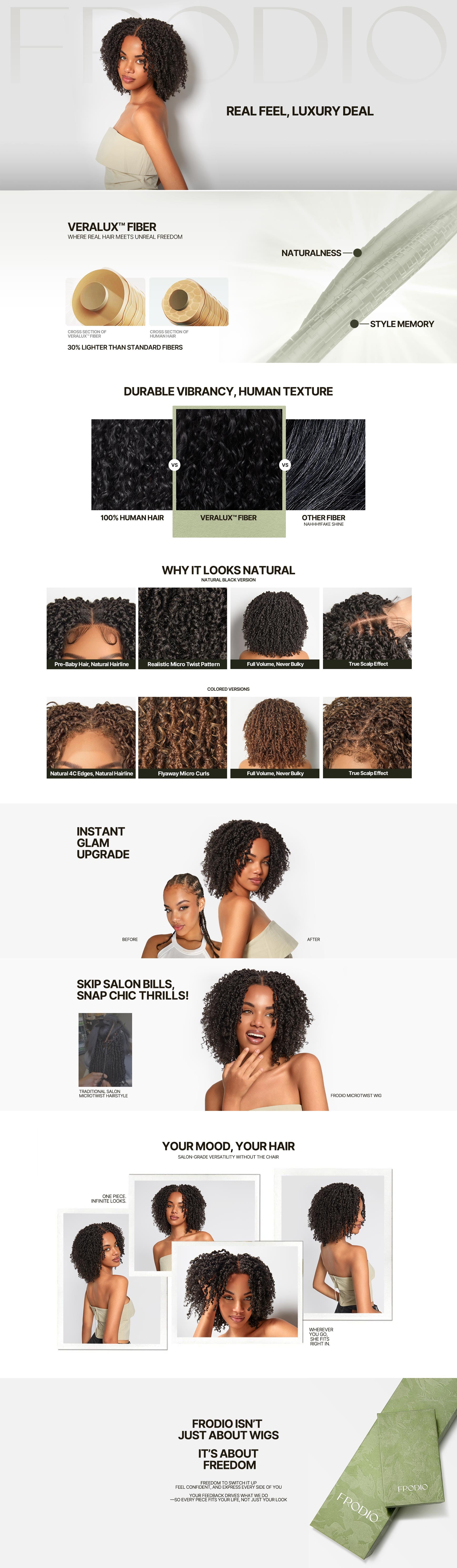 A long promotional infographic for a hair extension product, showing a model with dark curly hair, close-up texture samples, before/after styling views, text callouts, and a folded green fabric piece at the bottom on a white background.