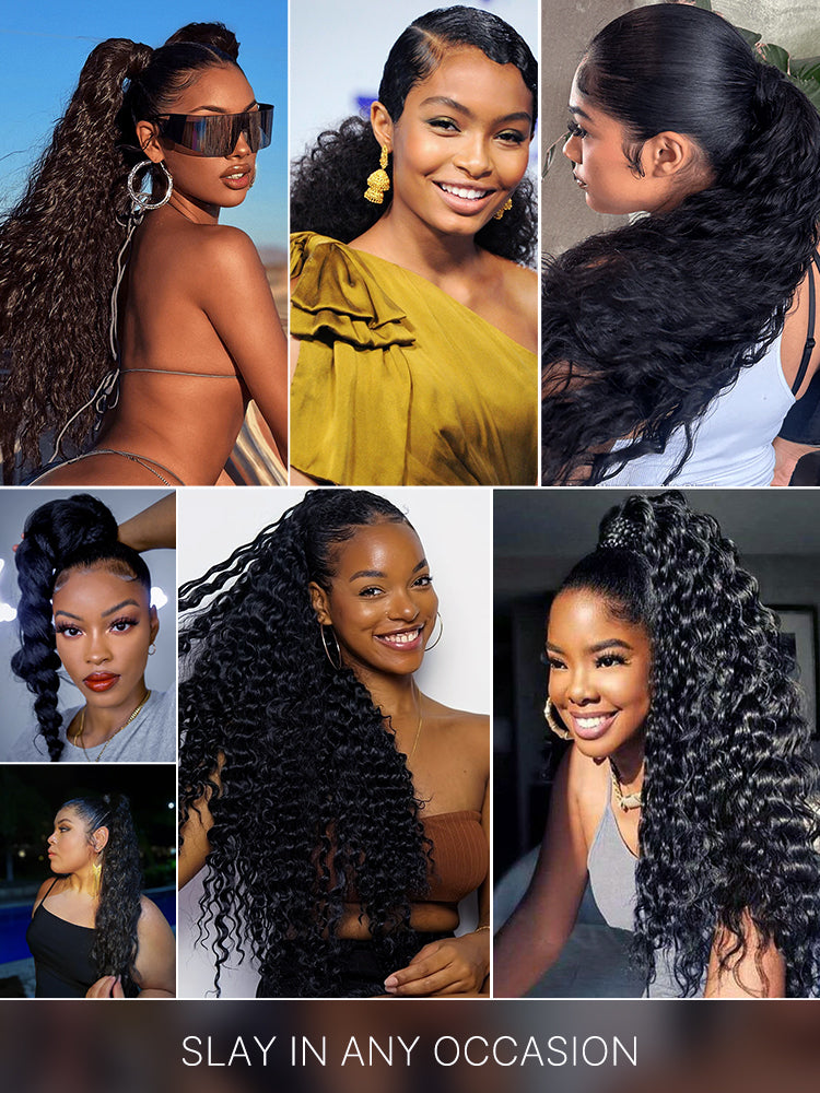 Frodio Ponypop Natural Black Full Water Wave Drawstring Ponytail Human Hair - Imani-11
