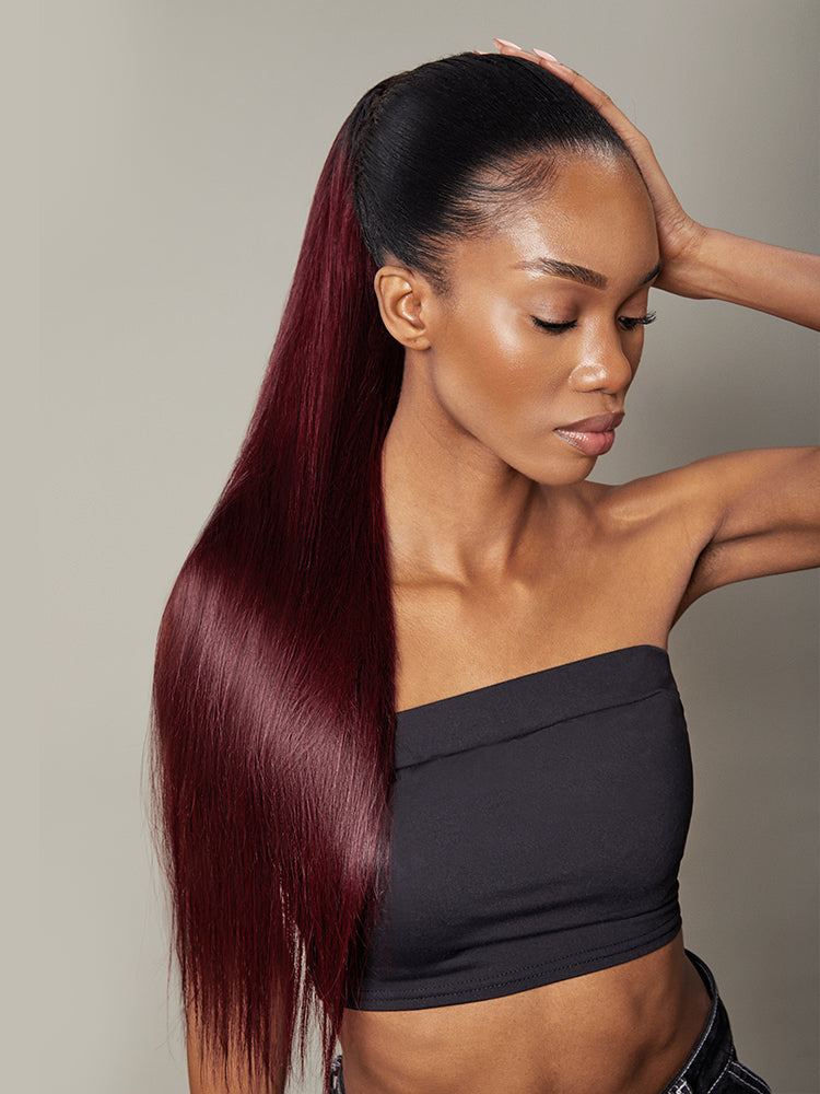 Frodio Ponypop Burgundy Seamless Straight Wrap Around Ponytail Human Hair - Ruby-01
