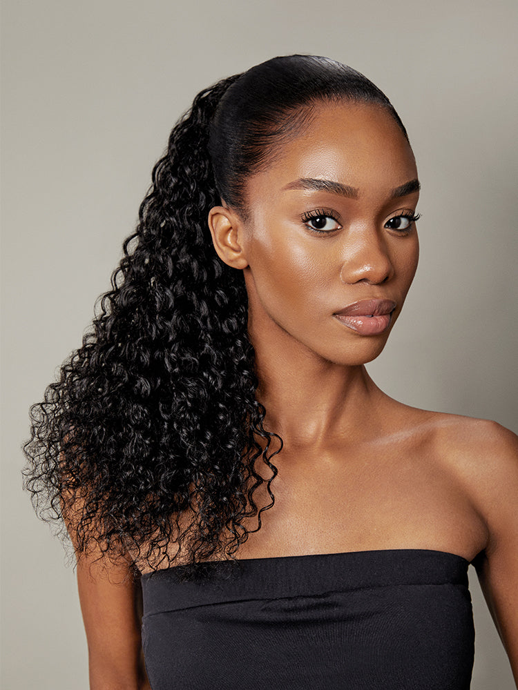 Frodio Ponypop Natural Black Full Water Wave Drawstring Ponytail Human Hair - Imani-06