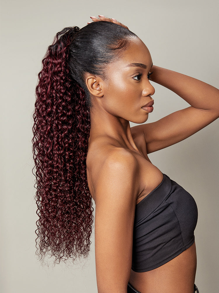 Frodio Ponypop Burgundy Full Water Wave Drawstring Ponytail Human Hair - Tyra