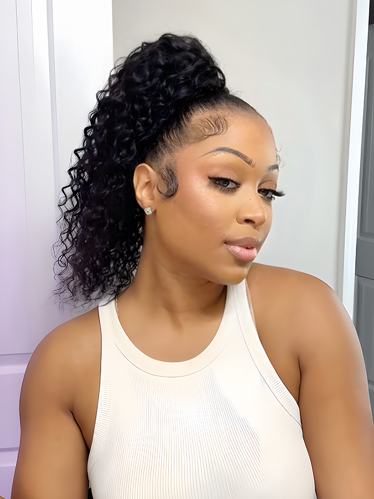 Frodio Ponypop Natural Black Full Water Wave Drawstring Ponytail Human Hair - Imani-05
