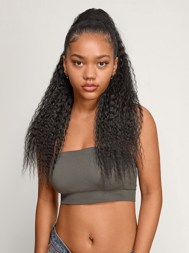 Frodio Ponypop Natural Black Boho Curl Scrunchie Ponytail Human Hair - Tiana-01