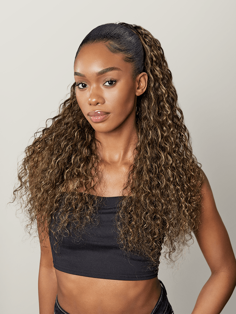 Frodio Ponypop Honey Blonde Highlight Water Wave Drawstring Ponytail Human Hair - Giselle-01