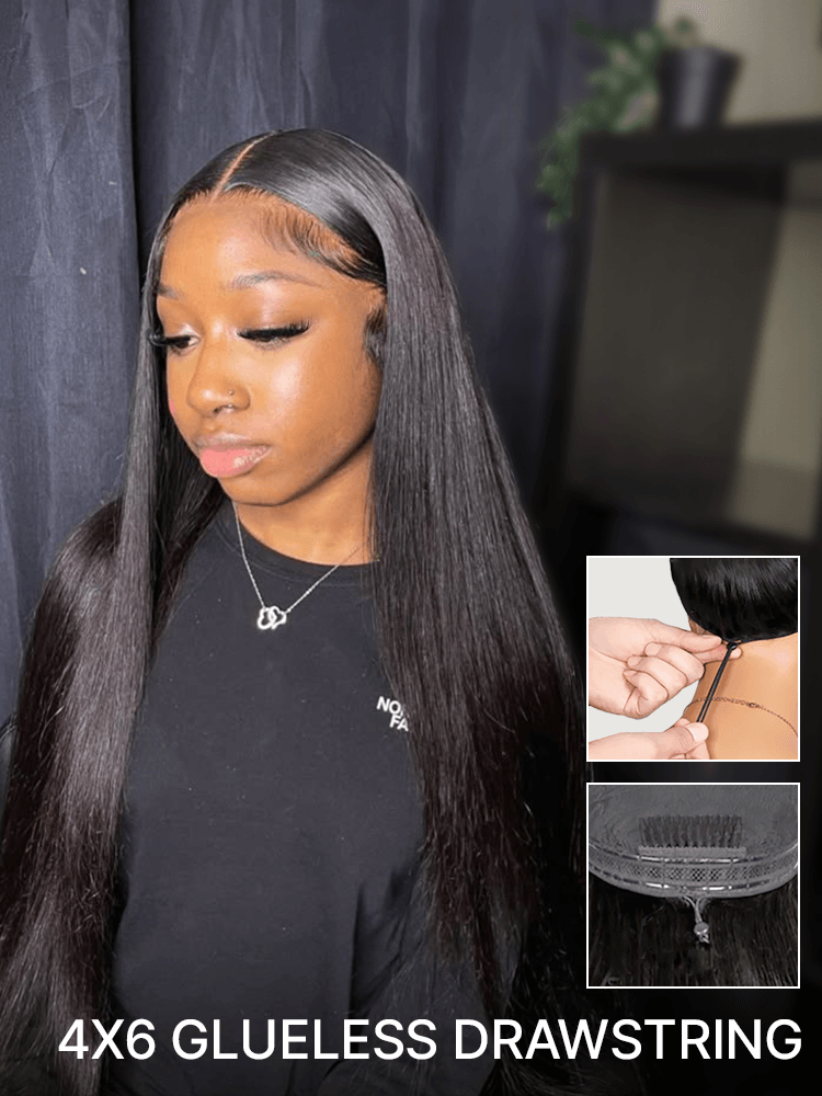 Frodio 100% Human Hair Silky Straight Glueless Flexfit Drawstring Wig Fits All Head Size-28