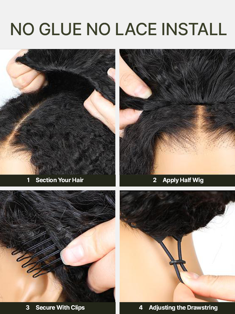 Frodio Ponytail & Kinky Curl 3-in-1 Half Wig 100% Human Hair High-Density Drawstring Extensions-07