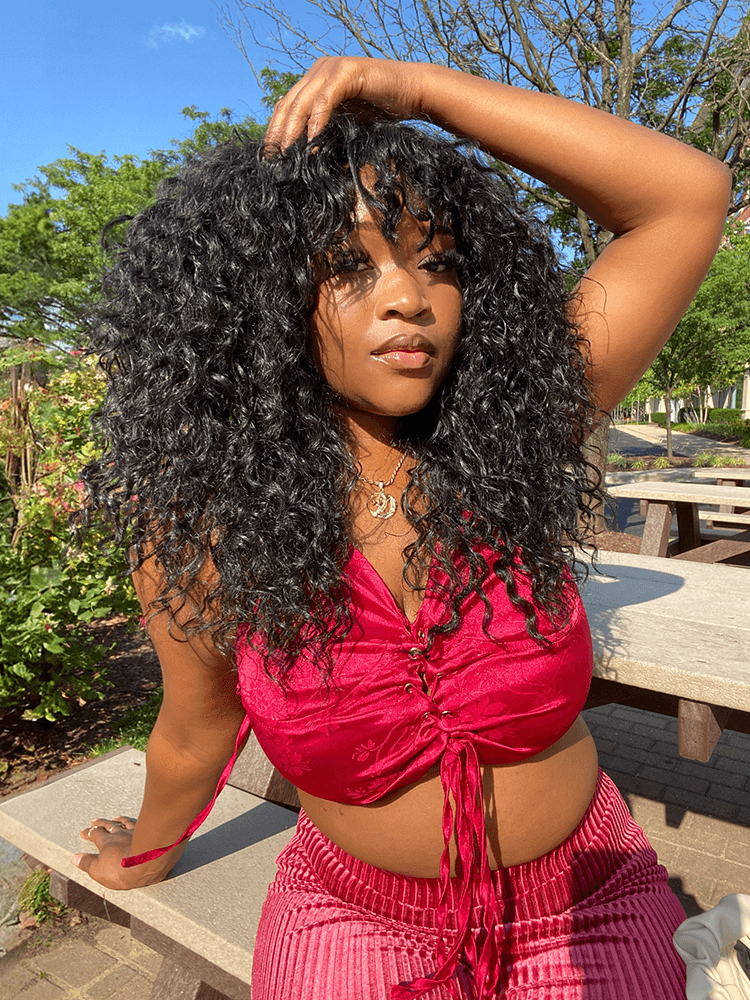 Frodio Veralux™ Blend Human Hair Big Curly Bangs Wig - Effortless Shaggy Waves-05