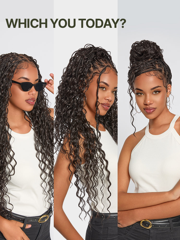 Frodio Veralux™ Fiber 30" Full Lace Boho Braid Synthetic Box Braid Wig – Grid-Part Top with Mixed Boho Curls-22
