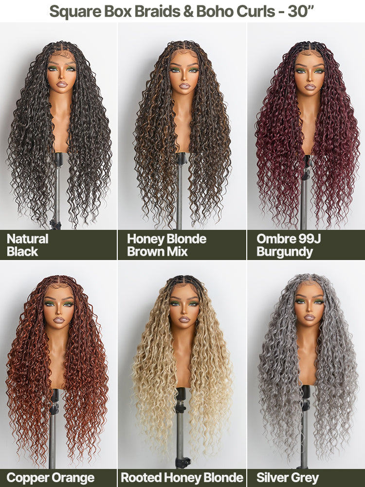Frodio Veralux™ Fiber 30" Full Lace Boho Braid Synthetic Box Braid Wig – Grid-Part Top with Mixed Boho Curls-25