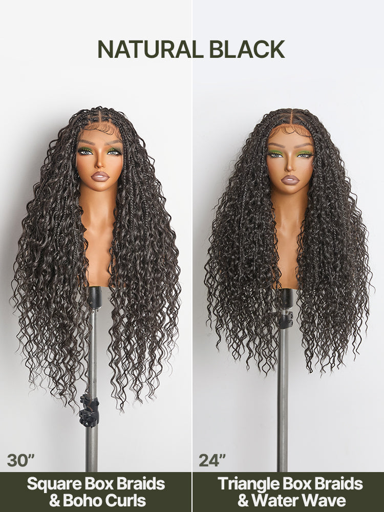 Frodio Veralux™ Fiber 30" Full Lace Boho Braid Synthetic Box Braid Wig – Grid-Part Top with Mixed Boho Curls-27