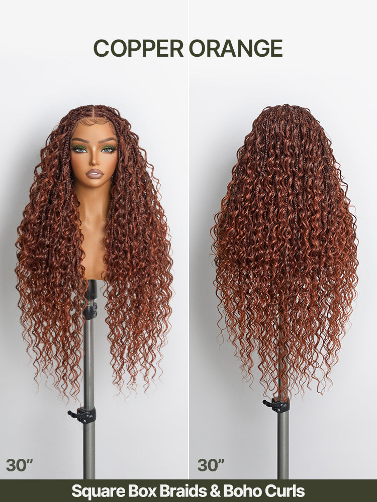 Frodio Veralux™ Fiber 30" Full Lace Boho Braid Synthetic Box Braid Wig – Grid-Part Top with Mixed Boho Curls-30
