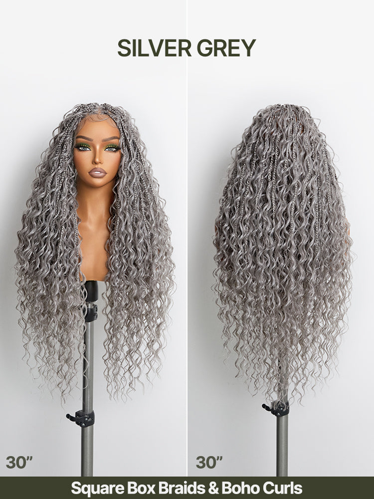 Frodio Veralux™ Fiber 30" Full Lace Boho Braid Synthetic Box Braid Wig – Grid-Part Top with Mixed Boho Curls-32