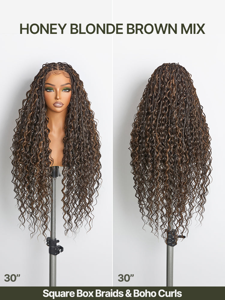 Frodio Veralux™ Fiber 30" Full Lace Boho Braid Synthetic Box Braid Wig – Grid-Part Top with Mixed Boho Curls-29