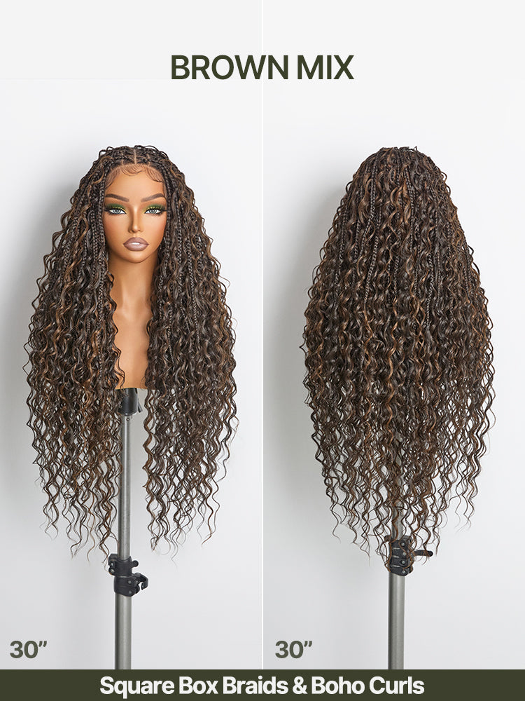 Frodio Veralux™ Fiber 30" Full Lace Boho Braid Synthetic Box Braid Wig – Grid-Part Top with Mixed Boho Curls-35