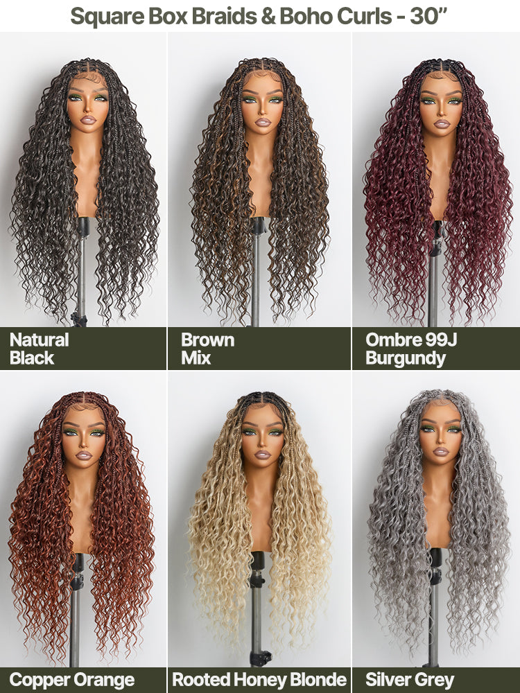 Frodio Veralux™ Fiber 30" Full Lace Boho Braid Synthetic Box Braid Wig – Grid-Part Top with Mixed Boho Curls-36