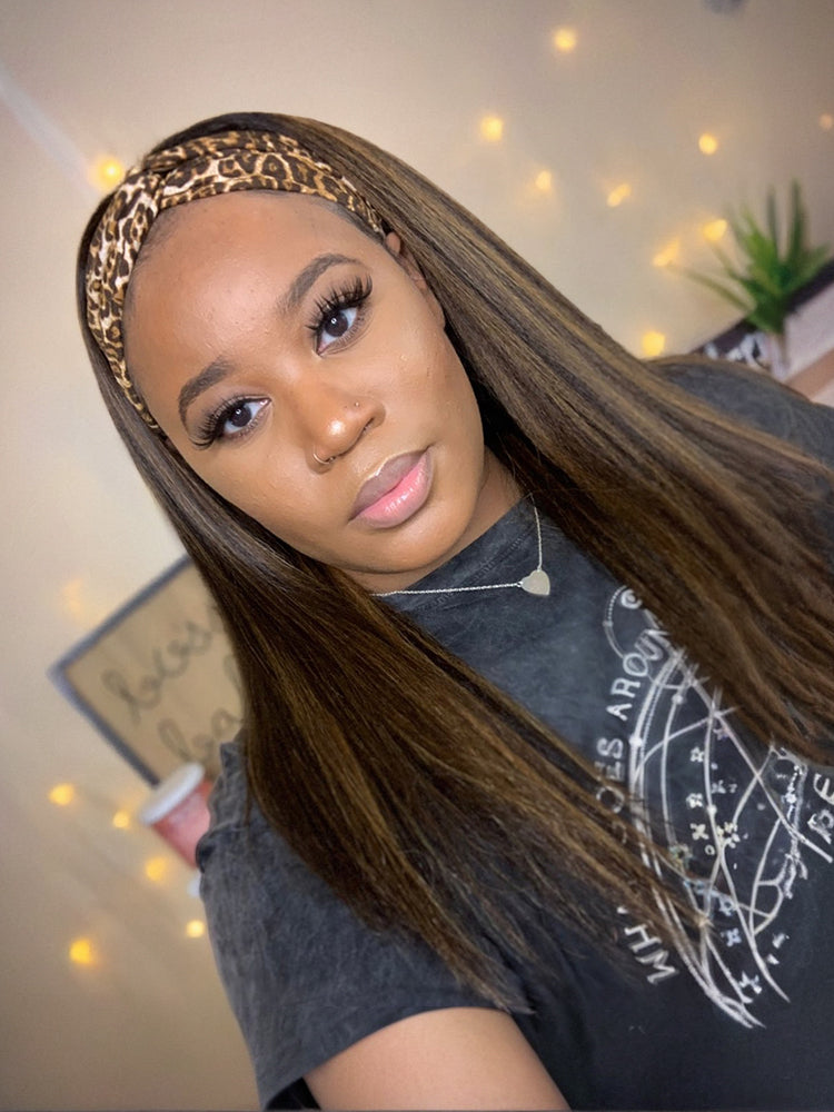 Frodio Veralux™ Fiber 16″ Highlight Headband Wig Straight Hair with Head Band Ready to Go Glueless Synthetic Headband Wig Brown Mix Blonde Straight Wig-01