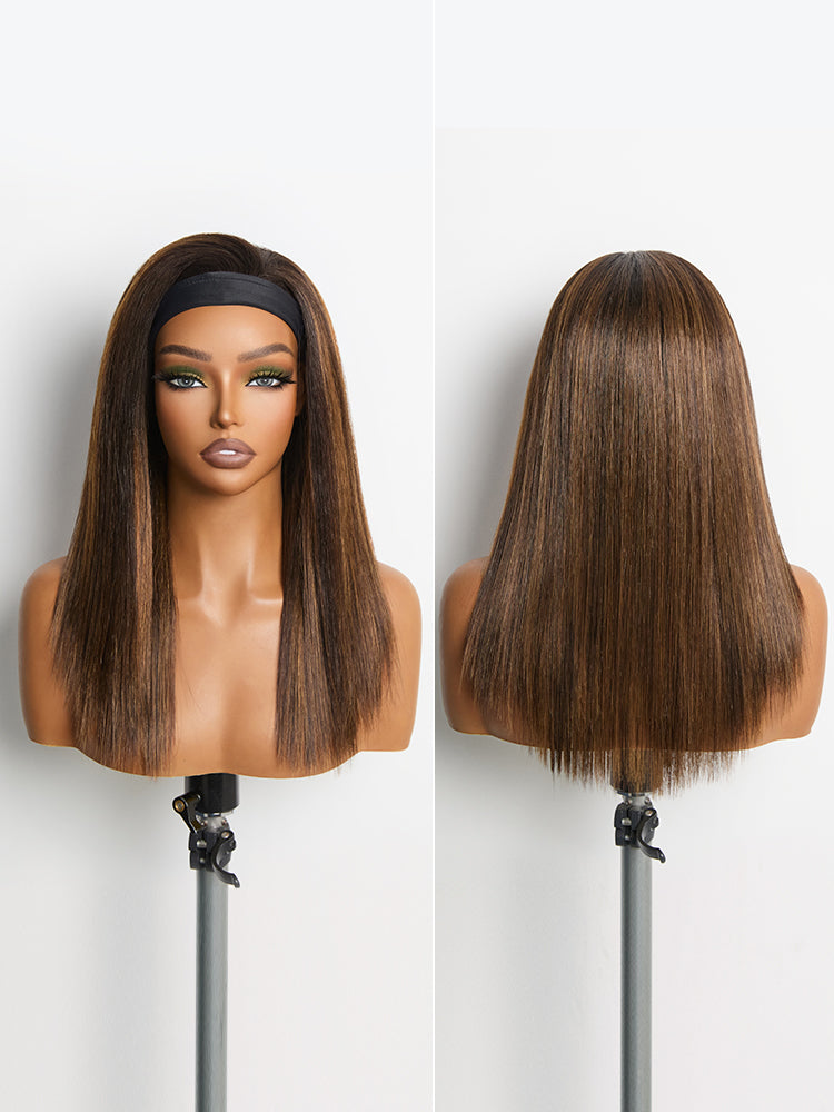 Frodio Veralux™ Fiber 16″ Highlight Headband Wig Straight Hair with Head Band Ready to Go Glueless Synthetic Headband Wig Brown Mix Blonde Straight Wig-08