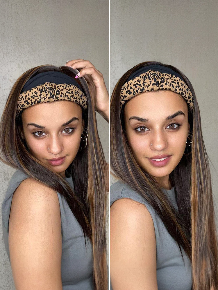 Frodio Veralux™ Fiber 16″ Highlight Headband Wig Straight Hair with Head Band Ready to Go Glueless Synthetic Headband Wig Brown Mix Blonde Straight Wig-06