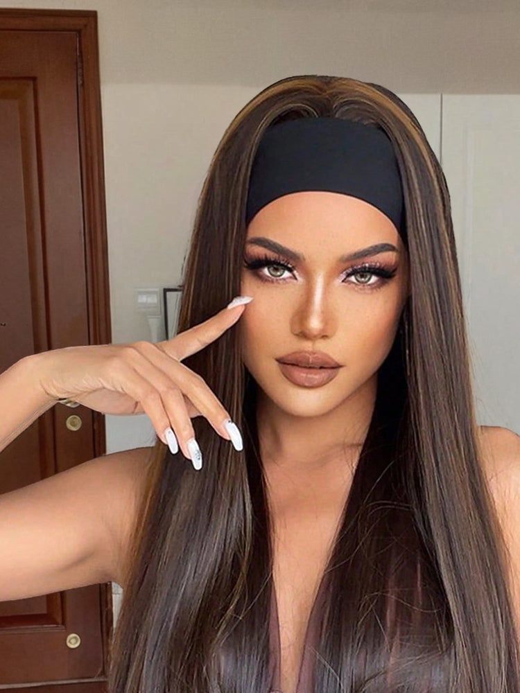 Frodio Veralux™ Fiber 16″ Highlight Headband Wig Straight Hair with Head Band Ready to Go Glueless Synthetic Headband Wig Brown Mix Blonde Straight Wig-07