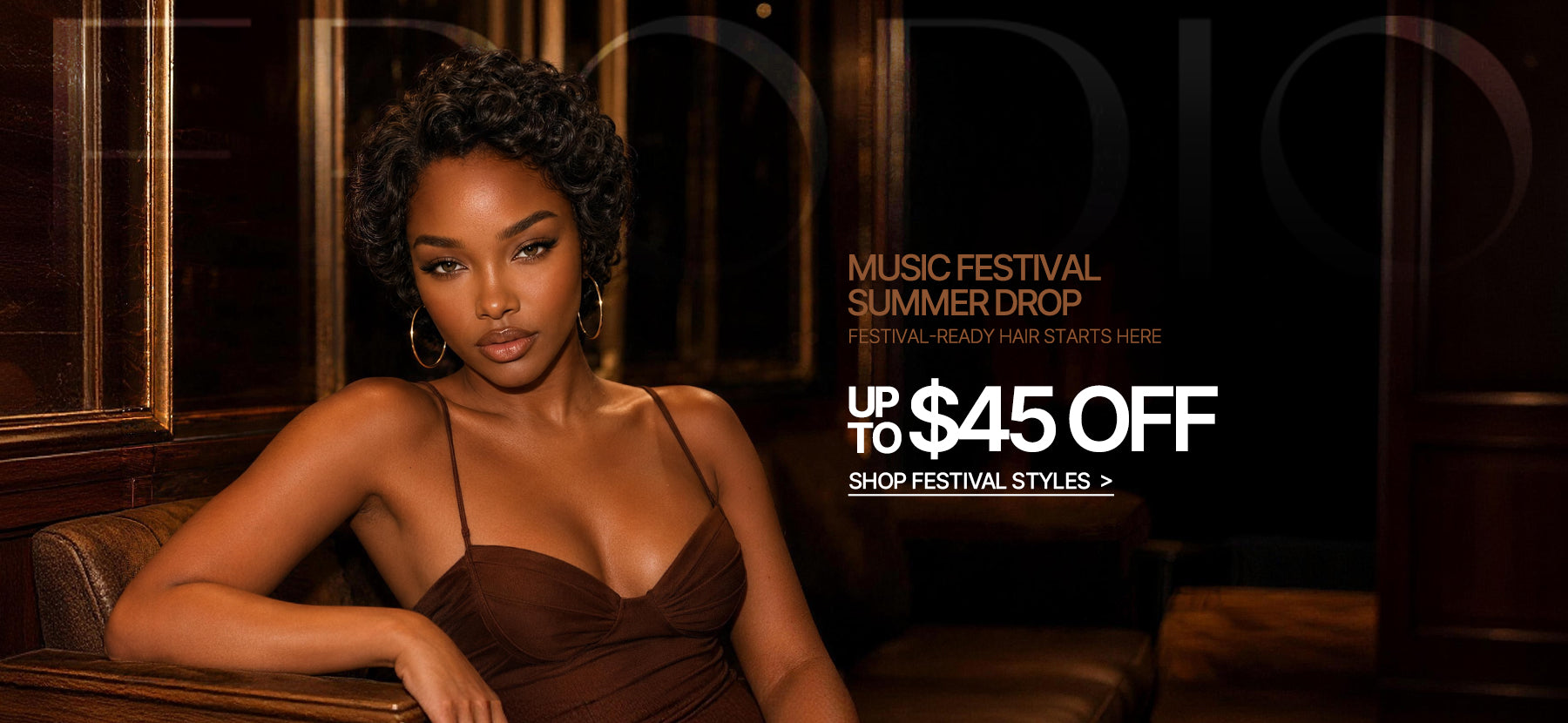 Woman in a brown dress with promotional text for a music festival sale.
