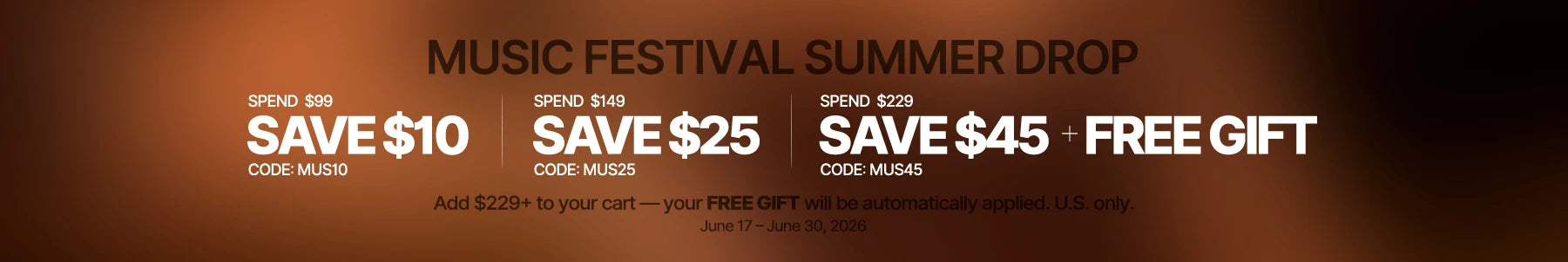 Promotional banner for a music festival summer drop with savings and a free gift offer.