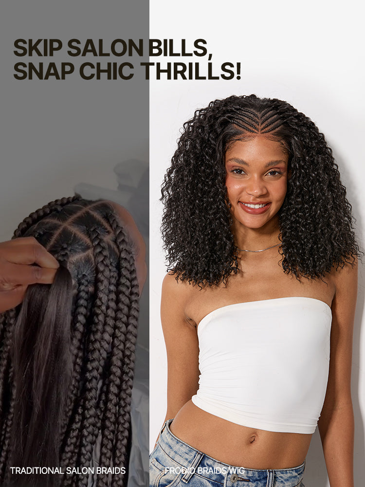 Frodio Veralux™ Fiber 13x6 Lace Front Braided Wig with Cornrow Top Kinky Curly Hair Pre Cut Lace and Baby Hair in Natural Black-02