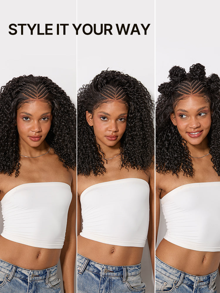 Frodio Veralux™ Fiber 13x6 Lace Front Braided Wig with Cornrow Top Kinky Curly Hair Pre Cut Lace and Baby Hair in Natural Black-03