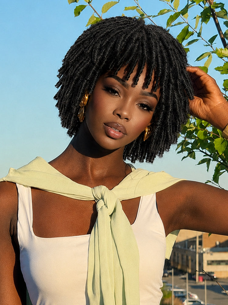 Frodio Veralux™ Fiber Short Twist Dreadlocks Wig with Curly Bangs Glueless Beginner Friendly-01