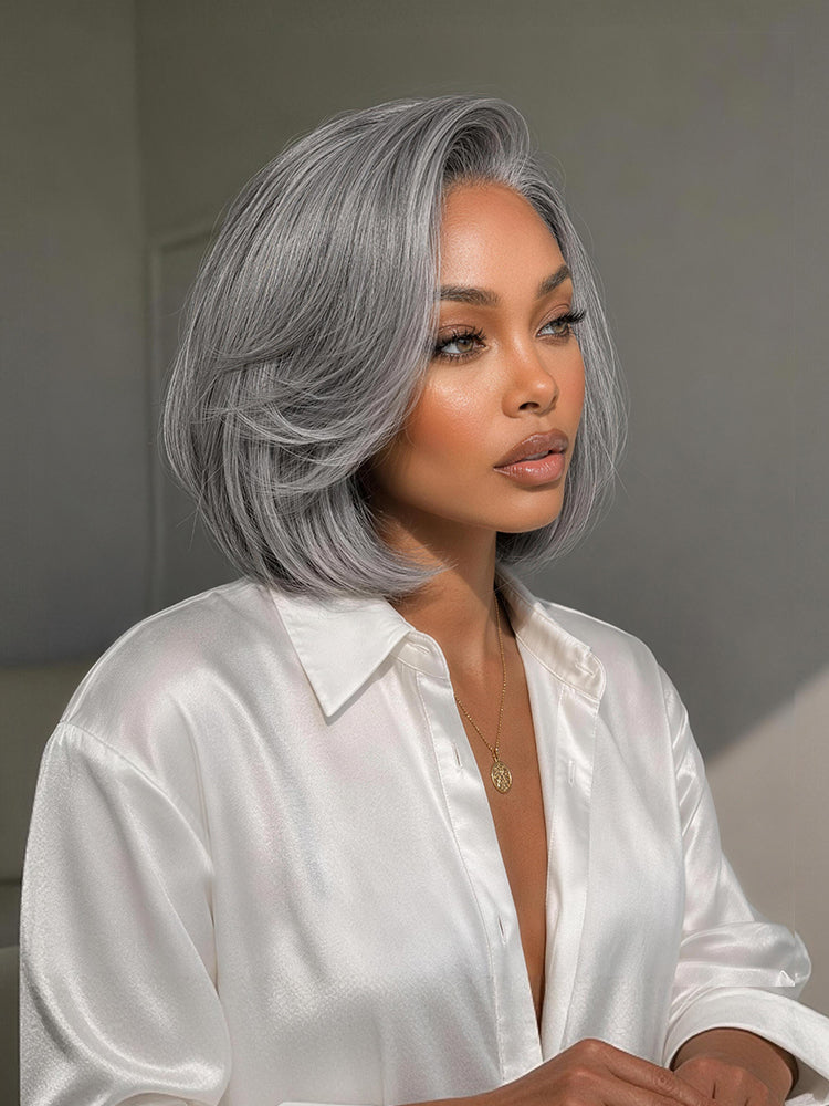 Frodio Veralux™ Blend Human Hair Layered Bob Wig Salt and Pepper Gray Glueless Pre-Cut Lace-01