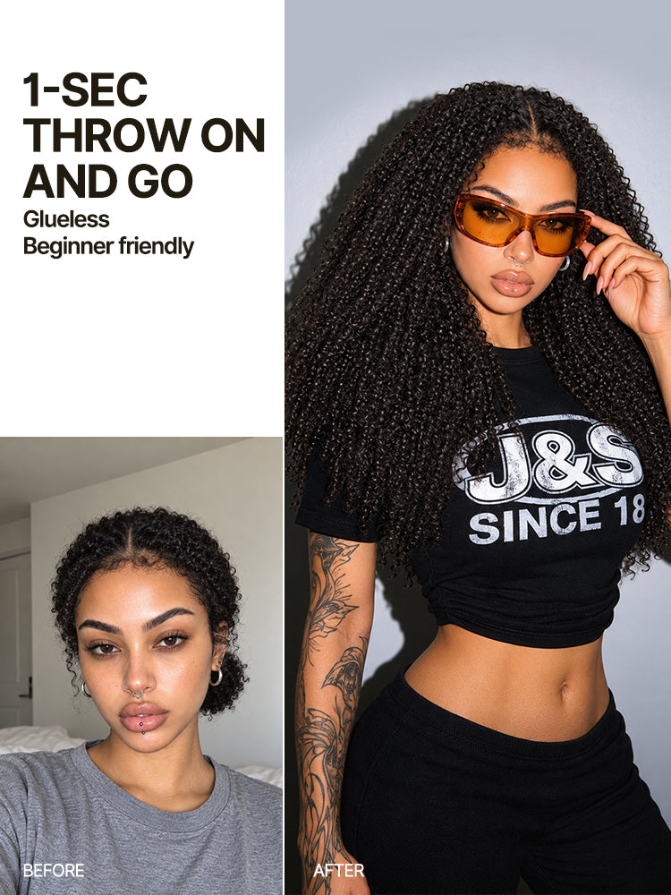 Frodio Veralux™ Synthetic Fiber Kinky Curly Drawstring Wig Middle Part Pre-Cut Lace Wear & Go Beginner Friendly-03