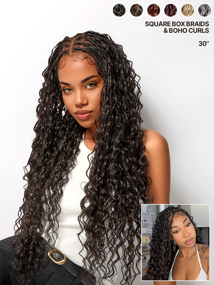 Frodio Veralux™ Fiber Full Lace Square-Part Box Braids Wig with Boho Curls-91