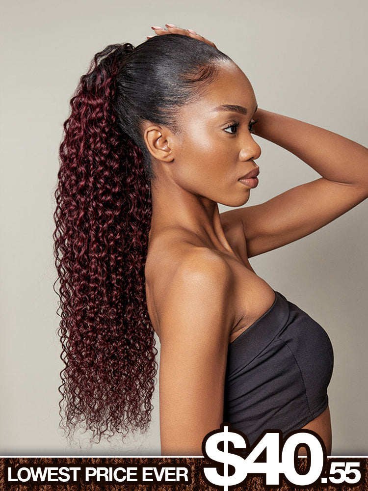 Frodio Ponypop Burgundy Full Water Wave Drawstring Ponytail Human Hair - Tyra