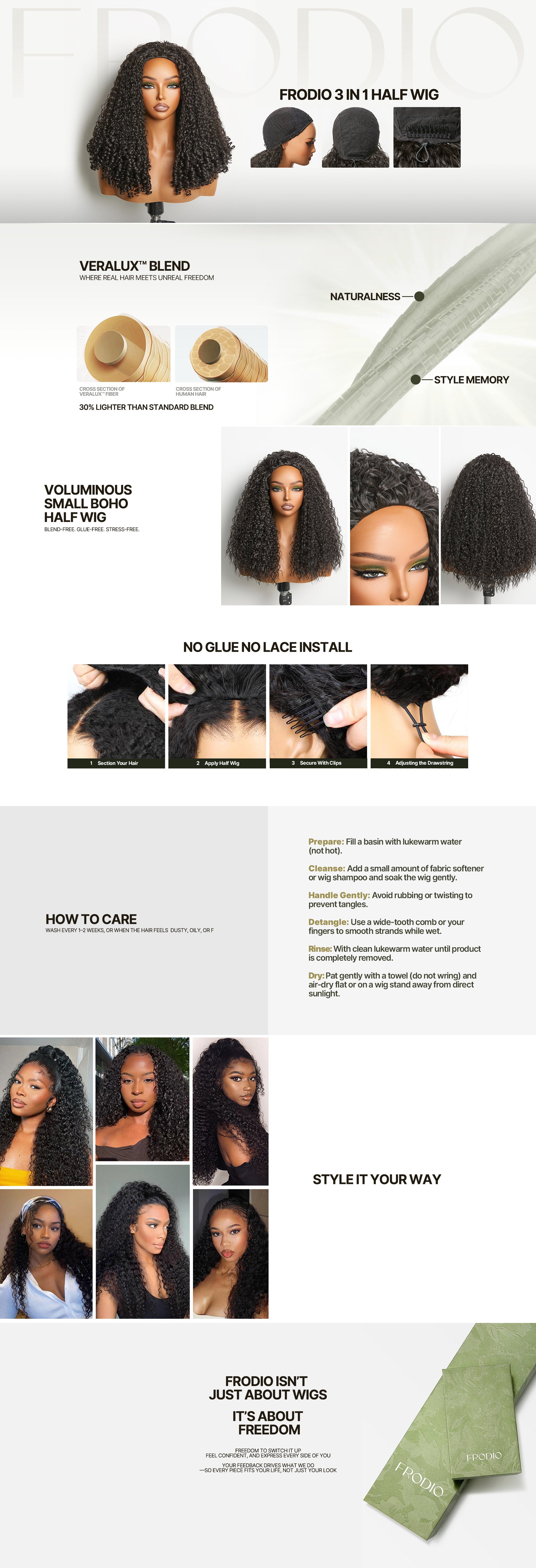 Hair product display with various hair extensions and care instructions.