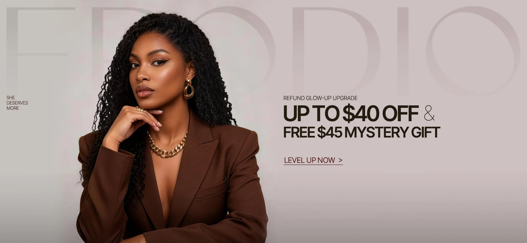 Woman in a brown blazer with promotional text on a gray background