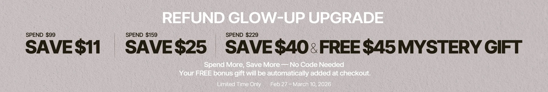 Promotional text offering savings and a free mystery gift on a gray background