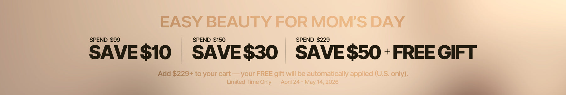 Promotional banner for beauty products with savings and a free gift offer on a beige background.