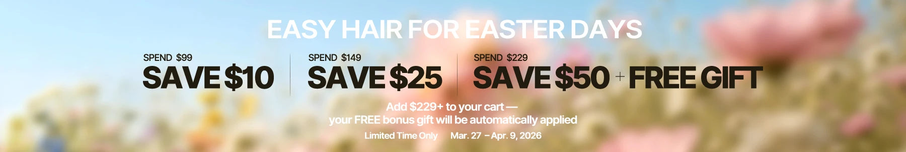 Promotional banner with text offering savings on hair products and a free gift, with blurred background.