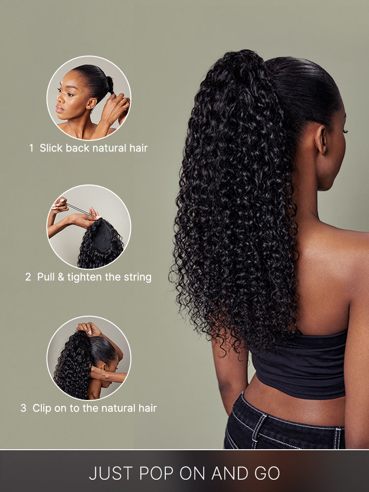 Frodio Ponypop Burgundy Full Water Wave Drawstring Ponytail Human Hair - Tyra-07