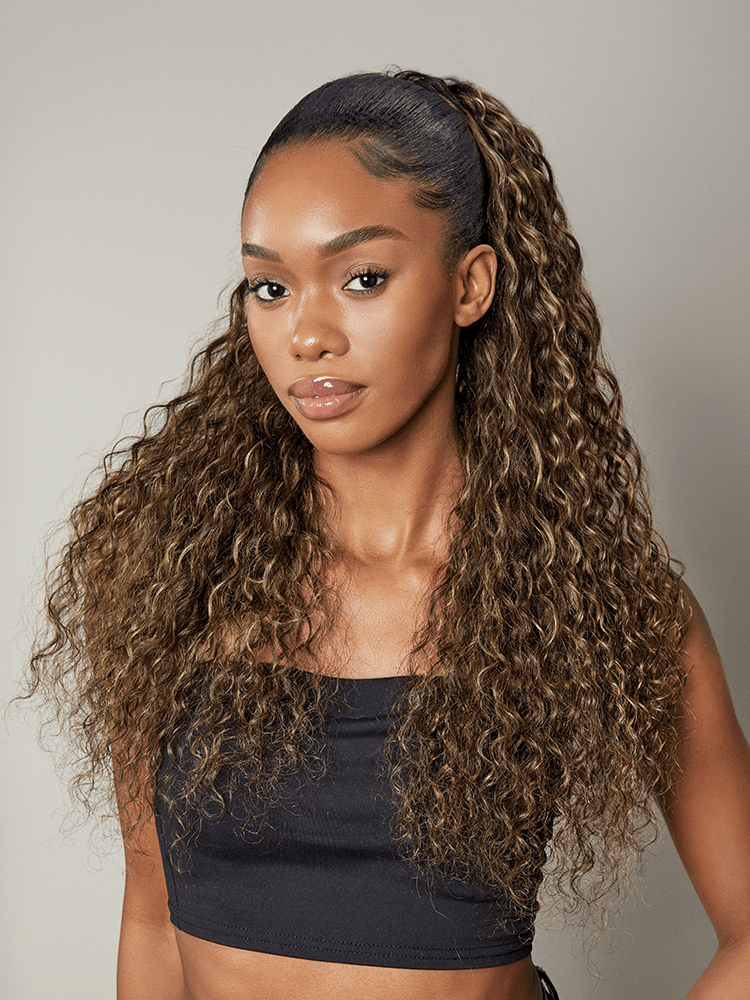 Frodio Ponypop Honey Blonde Highlight Water Wave Drawstring Ponytail Human Hair - Giselle-02