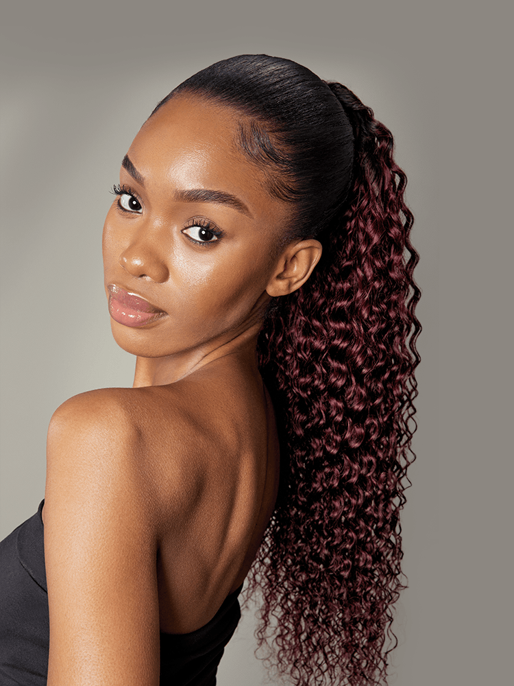 Frodio Ponypop Burgundy Full Water Wave Drawstring Ponytail Human Hair - Tyra-01