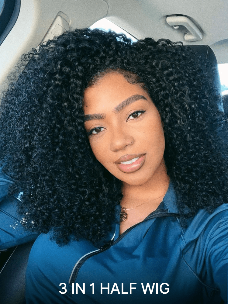 Frodio Ponytail & Kinky Curl 3-in-1 Half Wig 100% Human Hair High-Density Drawstring Extensions-02