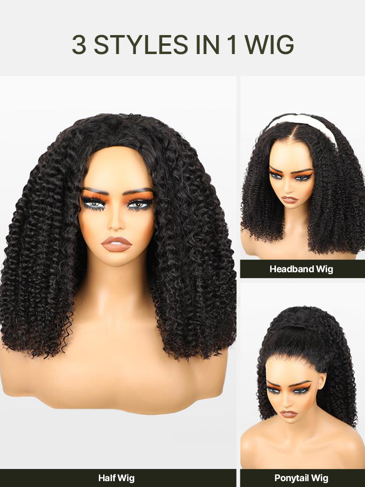 Frodio Ponytail & Kinky Curl 3-in-1 Half Wig 100% Human Hair High-Density Drawstring Extensions-08