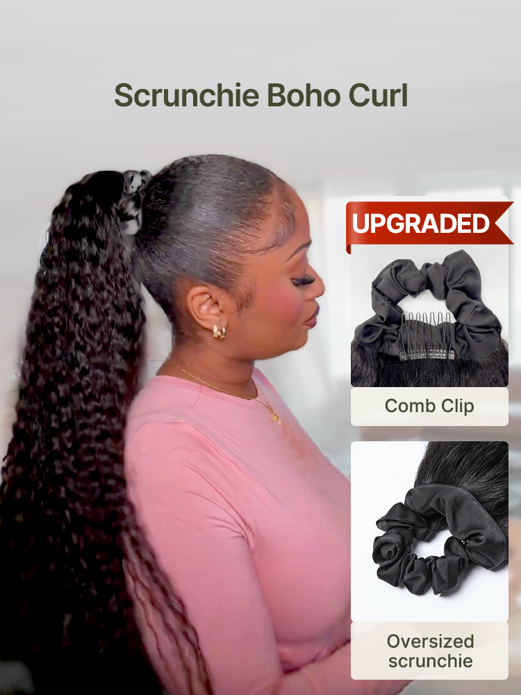 Frodio Ponypop Natural Black Boho Curl Scrunchie Ponytail Human Hair - Tiana-03