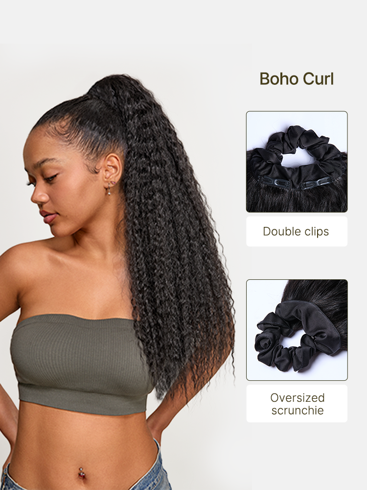 Frodio Ponypop Natural Black Boho Curl Scrunchie Ponytail Human Hair - Tiana-02