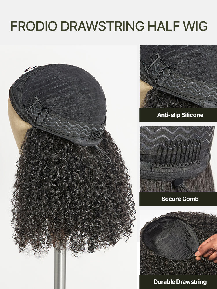 Frodio Ponytail & Kinky Curl 3-in-1 Half Wig 100% Human Hair High-Density Drawstring Extensions-10