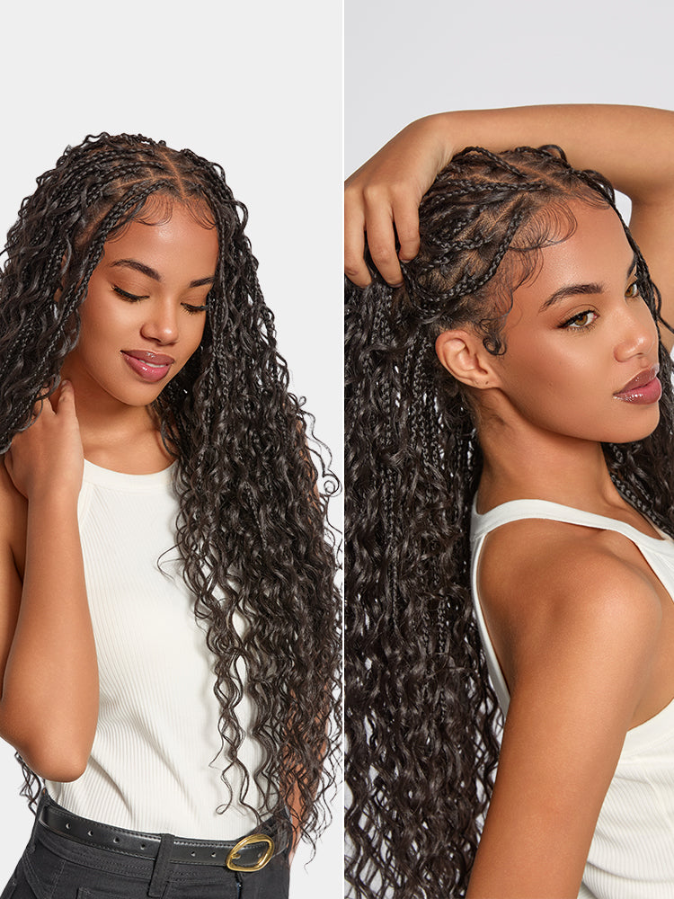 Frodio Veralux™ Fiber 30" Full Lace Boho Braid Synthetic Box Braid Wig – Grid-Part Top with Mixed Boho Curls-15