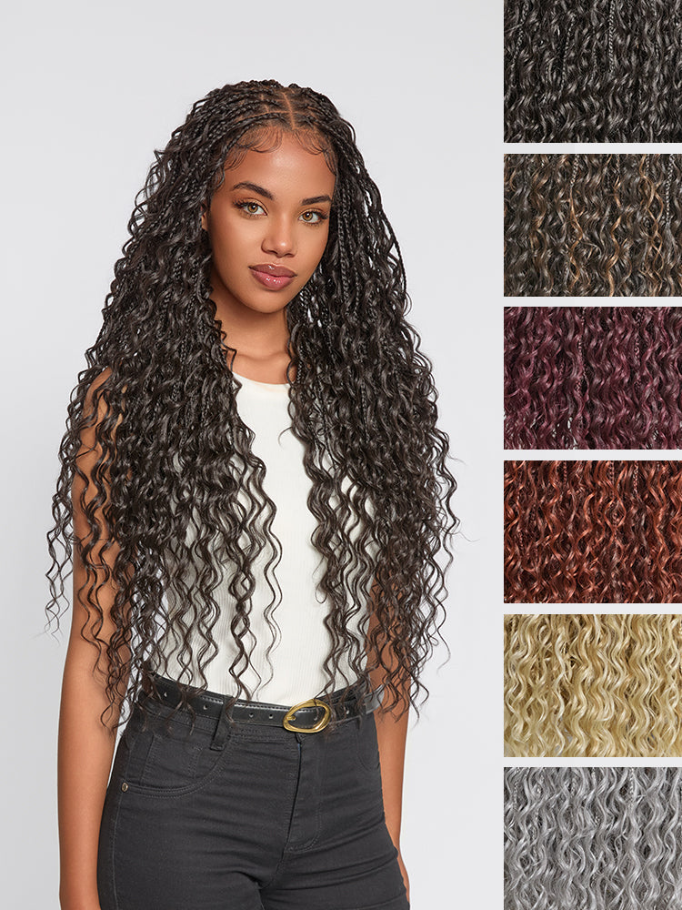 Frodio Veralux™ Fiber 30" Full Lace Boho Braid Synthetic Box Braid Wig – Grid-Part Top with Mixed Boho Curls-14
