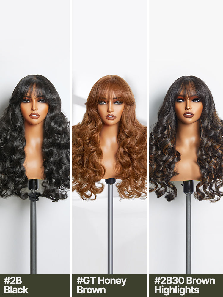 [Blend] Frodio Veralux™ Blend Human Hair Glueless Straight Layered Cut/Wavy Wig with Bangs Curtain Bang Wig with Realistic Scalp-06