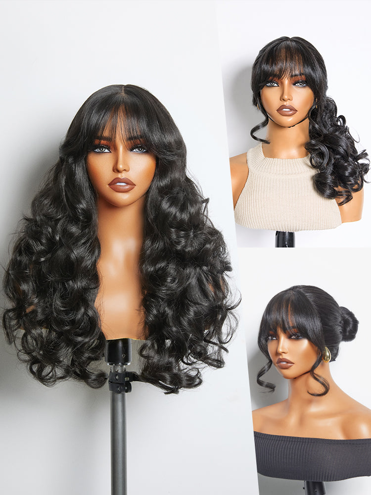[Blend] Frodio Veralux™ Blend Human Hair Glueless Straight Layered Cut/Wavy Wig with Bangs Curtain Bang Wig with Realistic Scalp-11
