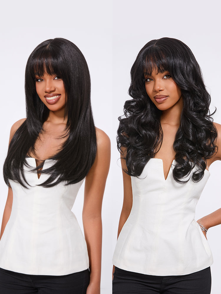 [Blend] Frodio Veralux™ Blend Human Hair Glueless Straight Layered Cut/Wavy Wig with Bangs Curtain Bang Wig with Realistic Scalp-01